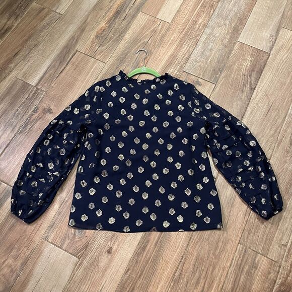 Lilly Pulitzer Giana True Navy Silk Blouse Gold Metallic Shell Design Small EUC - Picture 9 of 9